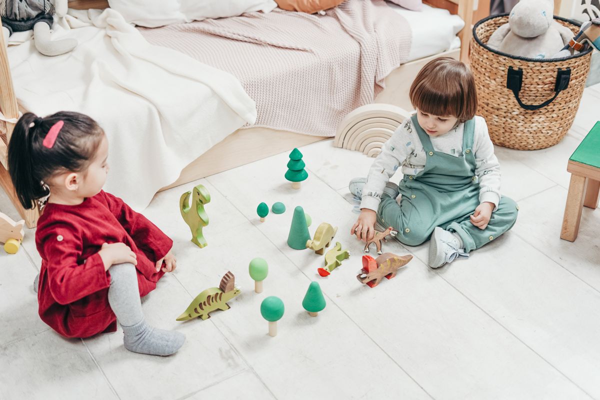 Two young children playing together with wooden animals in a softly coloured room