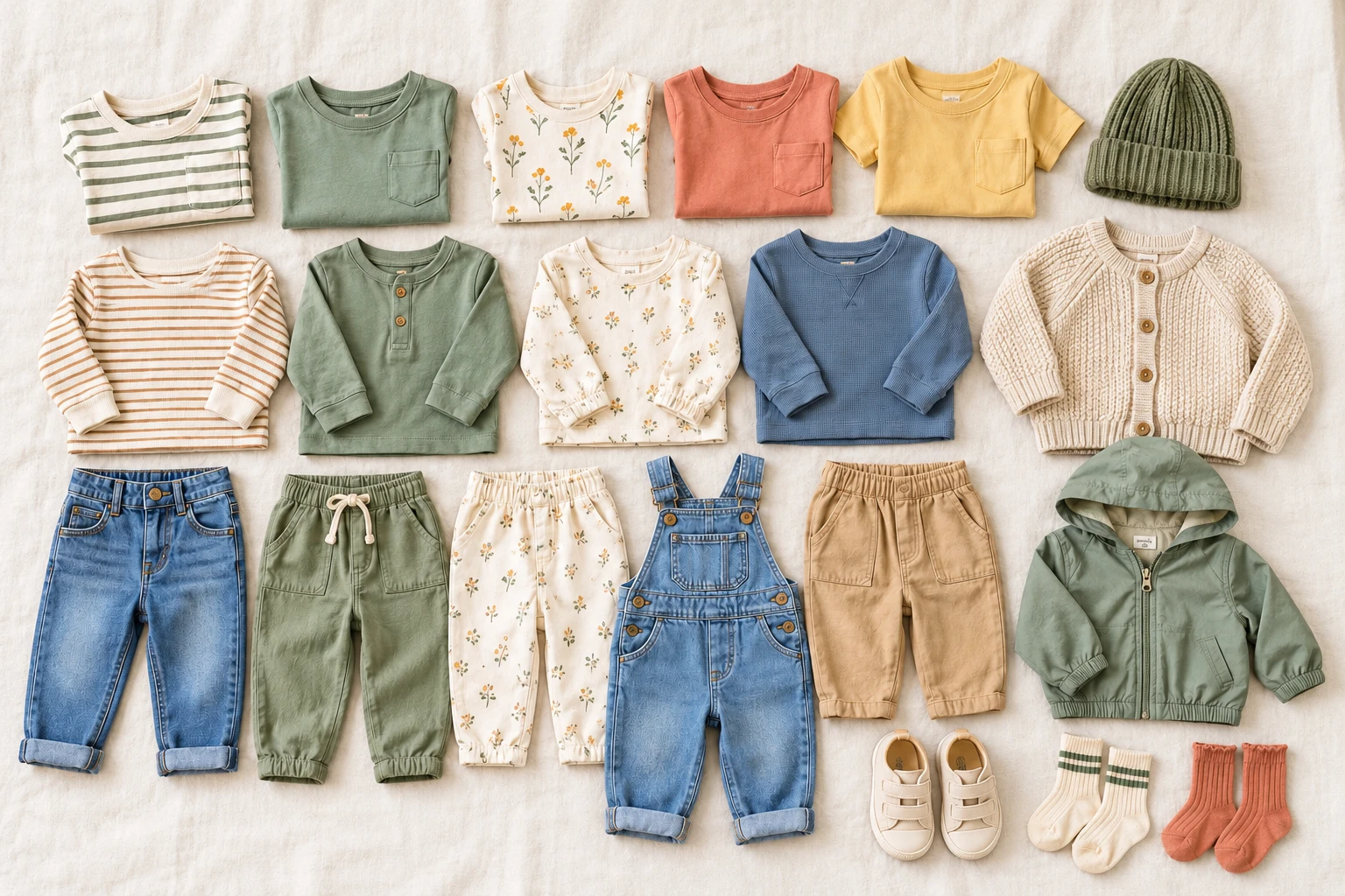 Flatlay of coordinating children’s clothing and shoes in a soft, playful colour palette.